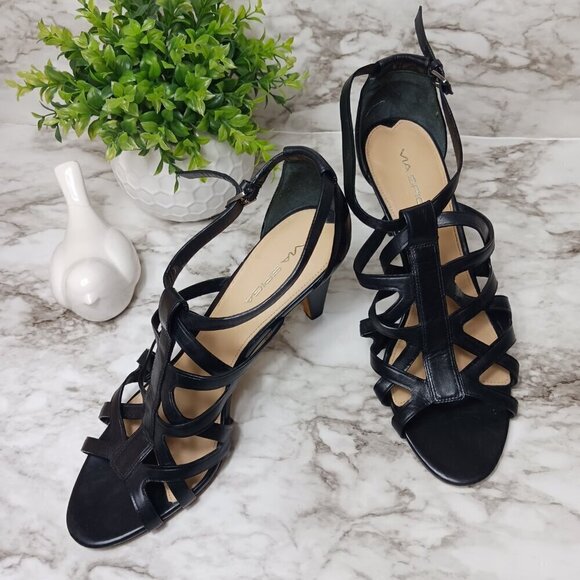 VIA SPIGA Strappy Heels Shoes Buckle Women's Black Leather Size 10 Italy - Picture 1 of 9